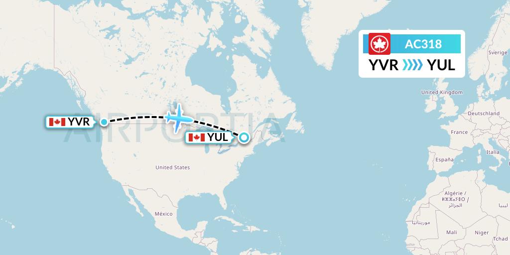 AC318 Air Canada Flight Map: Vancouver to Montreal