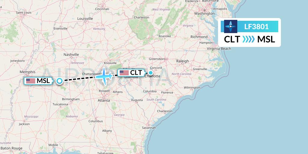 LF3801 Corporate Flight Management Flight Map: Charlotte to Muscle Shoals