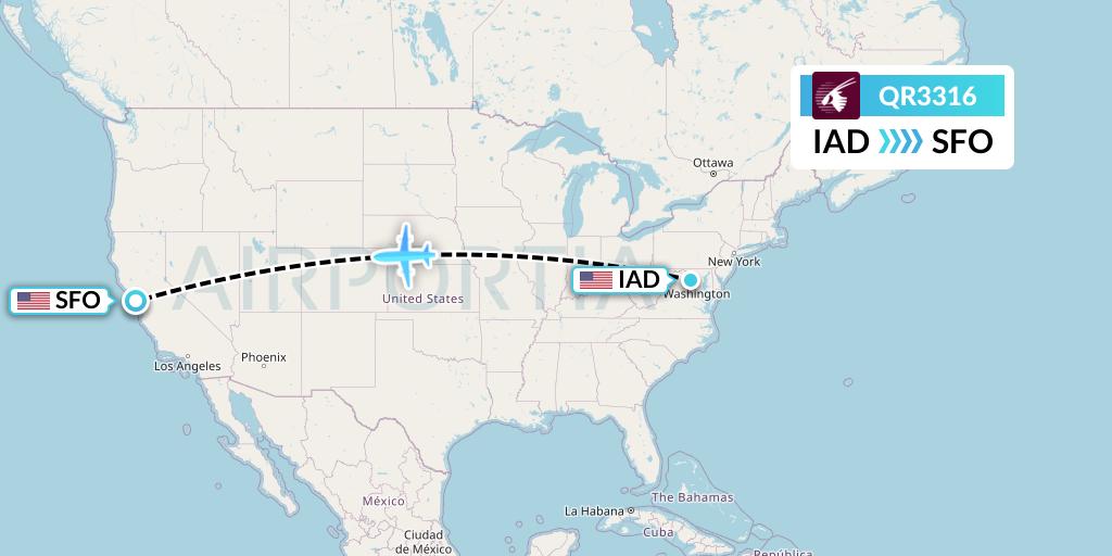 QR3316 Qatar Airways Flight Map: Washington to San Francisco