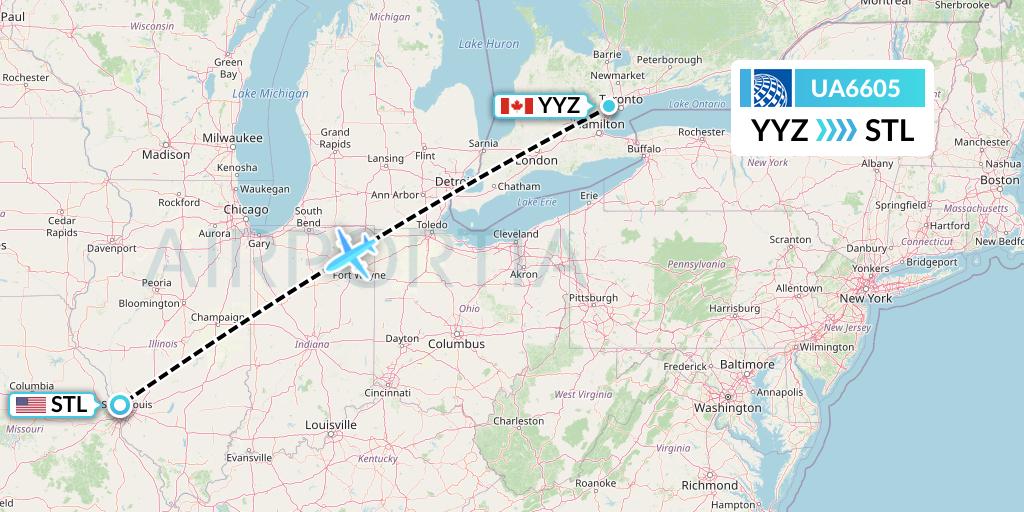 UA6605 United Airlines Flight Map: Toronto to St. Louis