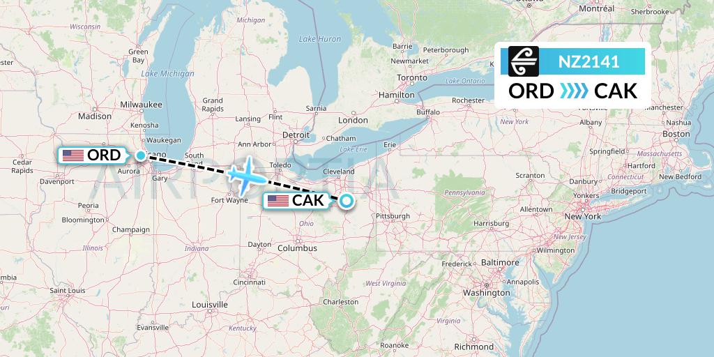 NZ2141 Air New Zealand Flight Map: Chicago to Akron