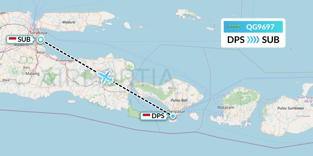 QG9697 Citilink Flight Map: Denpasar to Surabaya