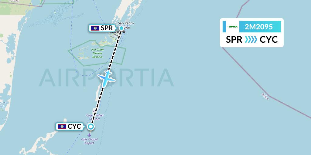 2M2095 Maya Island Air Flight Map: San Pedro to Caye Chapel