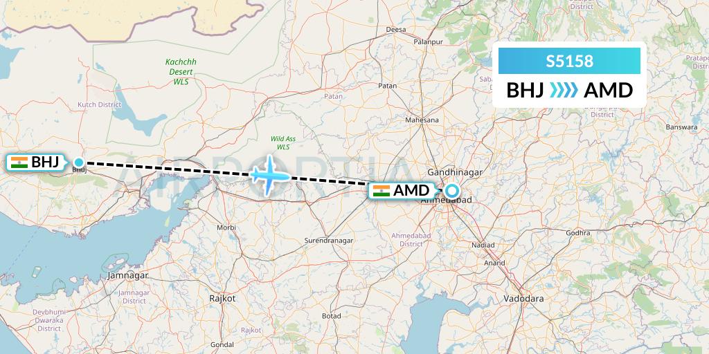 S5158 Star Air Flight Map: Bhuj to Ahmedabad