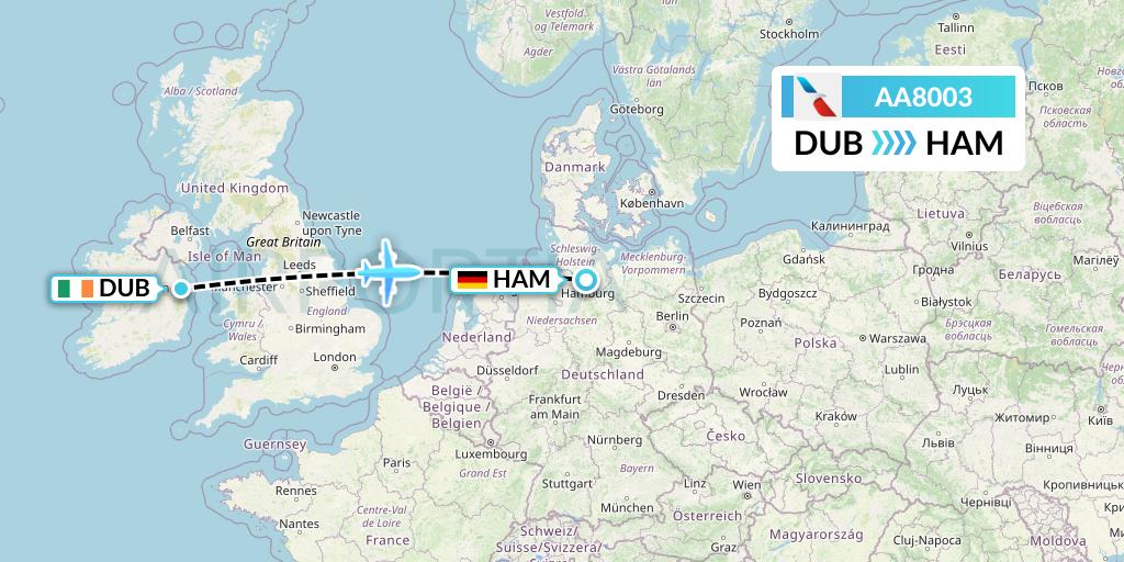 AA8003 American Airlines Flight Map: Dublin to Hamburg