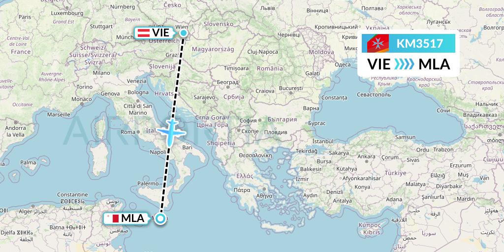 KM3517 Air Malta Flight Map: Vienna to Malta