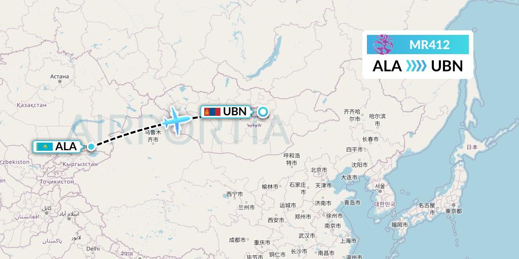 MR412 Hunnu Air Flight Map: Almaty to Ulan Bator