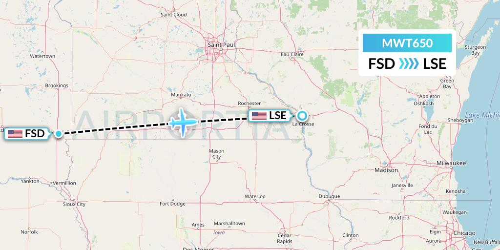 MWT650 Midwest Aviation Division Flight Map: Sioux Falls to La Crosse