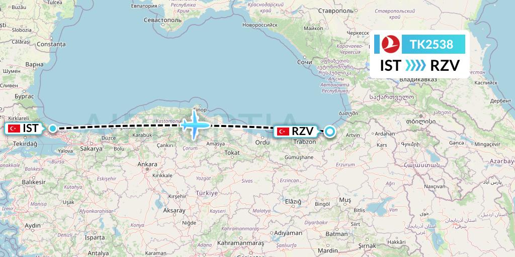 TK2538 Turkish Airlines Flight Map: Istanbul to Trabzon
