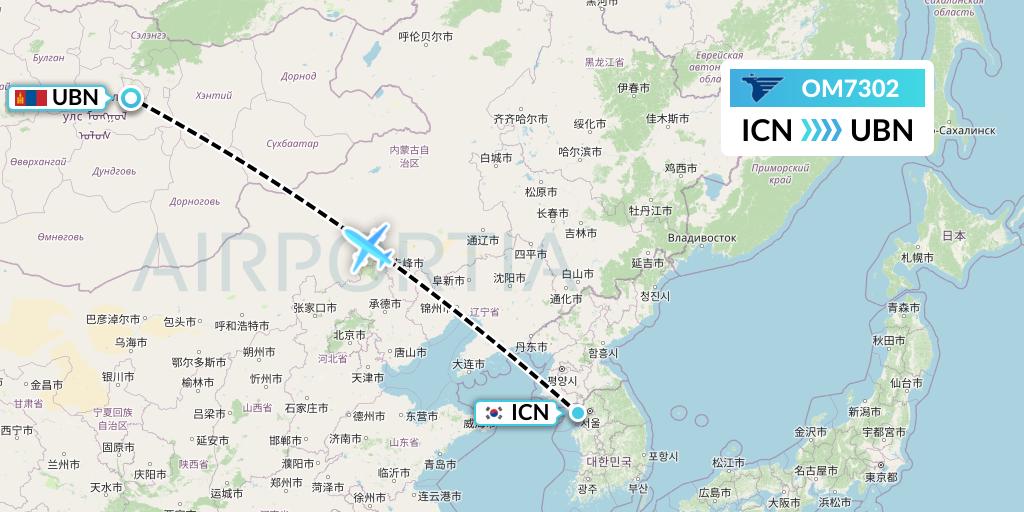 OM7302 MIAT Mongolian Airlines Flight Map: Seoul to Ulan Bator
