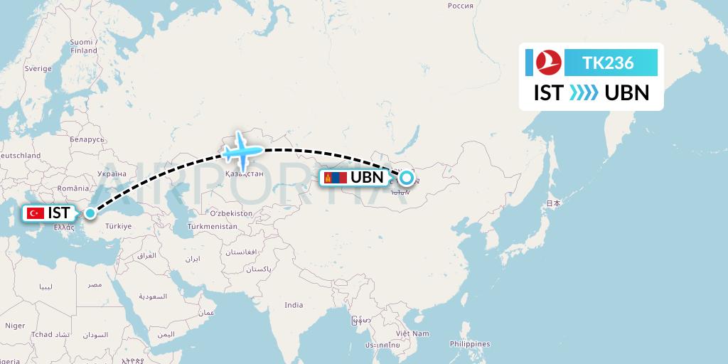 TK236 Turkish Airlines Flight Map: Istanbul to Ulan Bator