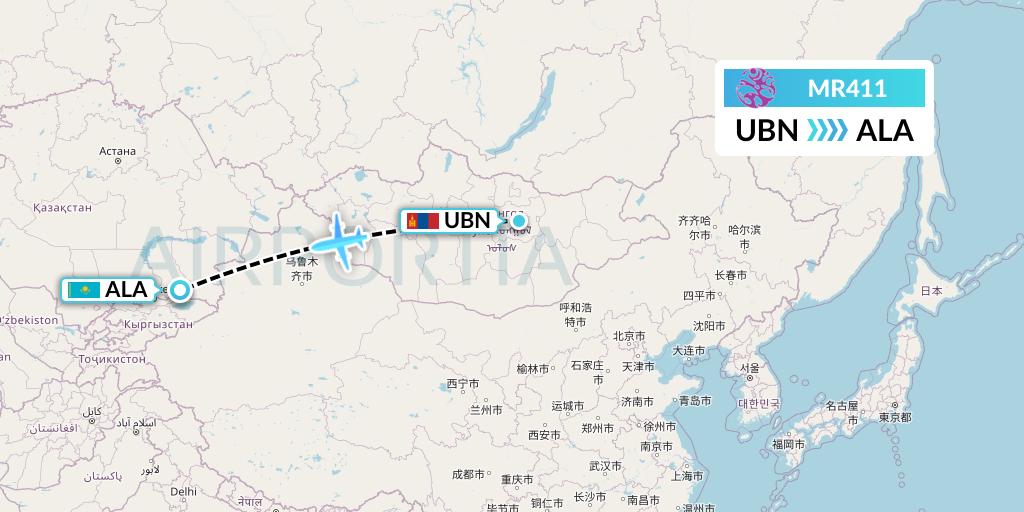 MR411 Hunnu Air Flight Map: Ulan Bator to Almaty