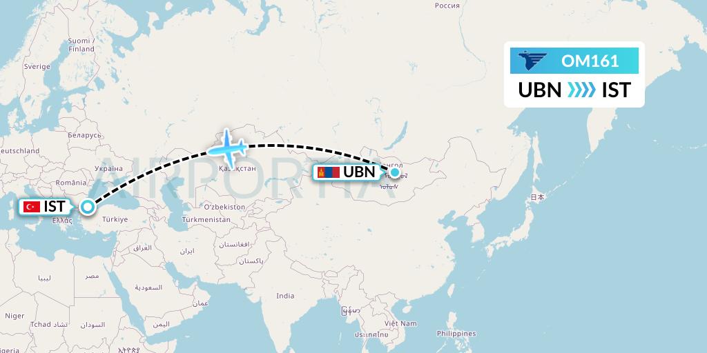 OM161 MIAT Mongolian Airlines Flight Map: Ulan Bator to Istanbul