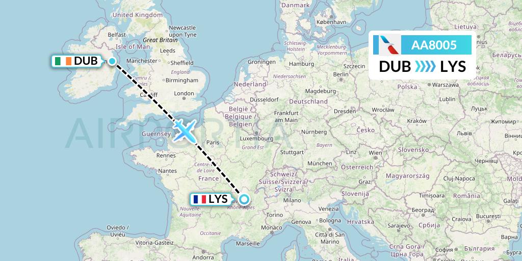 AA8005 American Airlines Flight Map: Dublin to Lyon