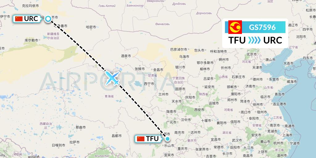 GS7596 Tianjin Airlines Flight Map: Chengdu to Urumqi