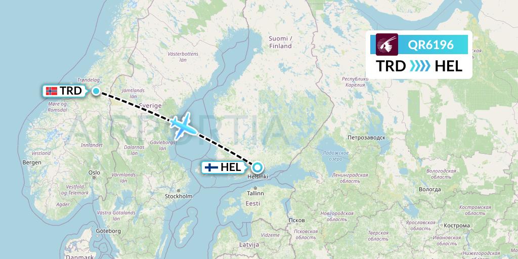 QR6196 Qatar Airways Flight Map: Trondheim to Helsinki