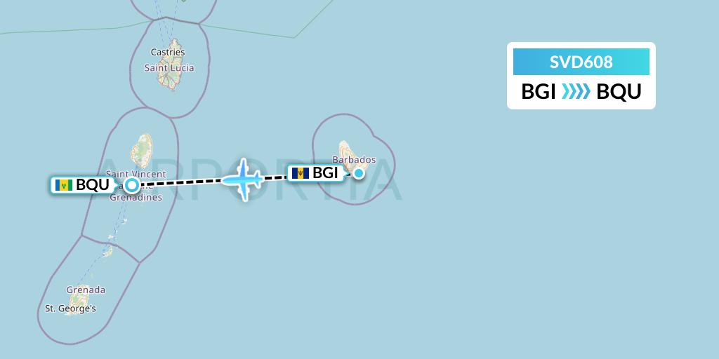 SVD608 Svg Air Flight Map: Bridgetown to Bequia