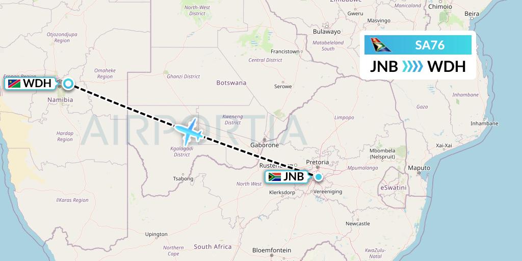 SA76 South African Airways Flight Map: Johannesburg to Windhoek