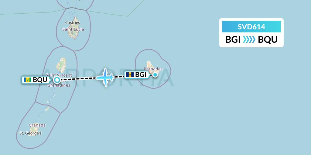 SVD614 Svg Air Flight Map: Bridgetown to Bequia