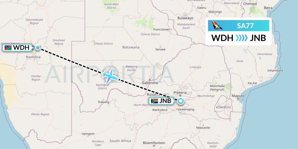 SA77 South African Airways Flight Map: Windhoek to Johannesburg