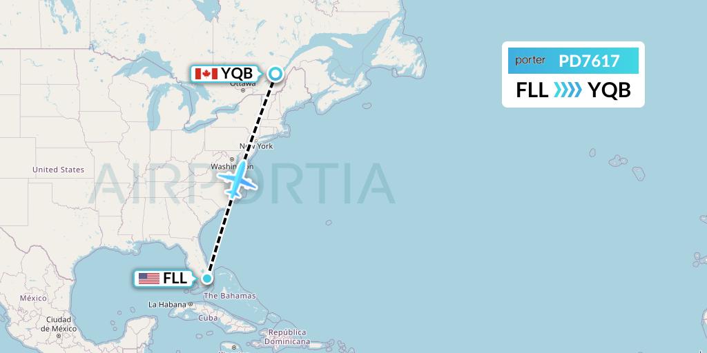 PD7617 Porter Airlines Flight Map: Fort Lauderdale to Quebec