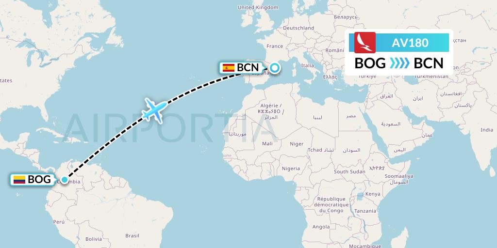 AV180 Avianca Flight Map: Bogota to Barcelona