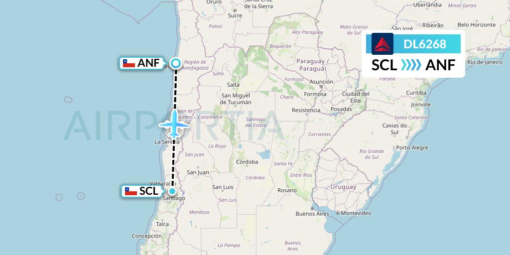 DL6268 Delta Air Lines Flight Map: Santiago to Antofagasta