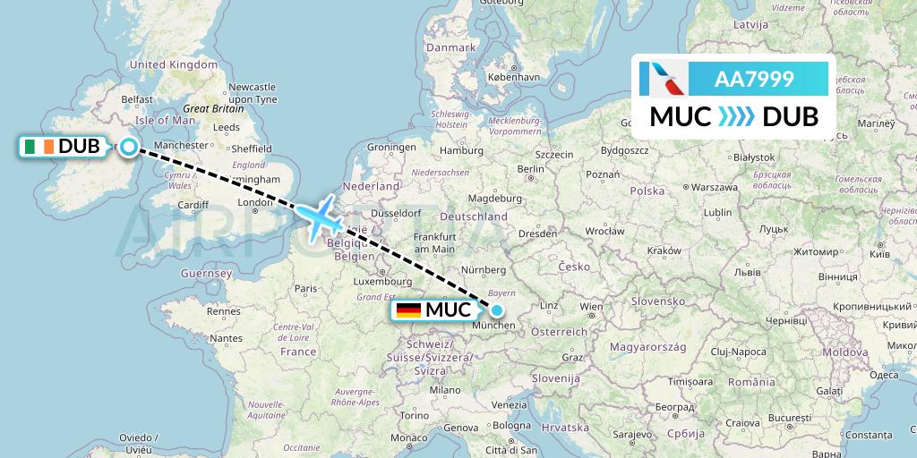 AA7999 American Airlines Flight Map: Munich to Dublin