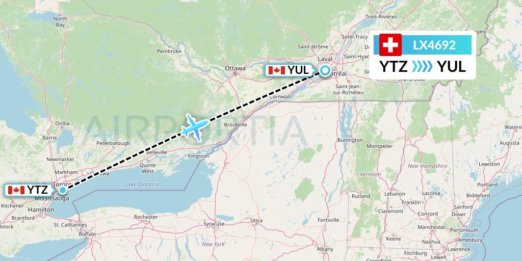 LX4692 Swiss Flight Map: Toronto to Montreal