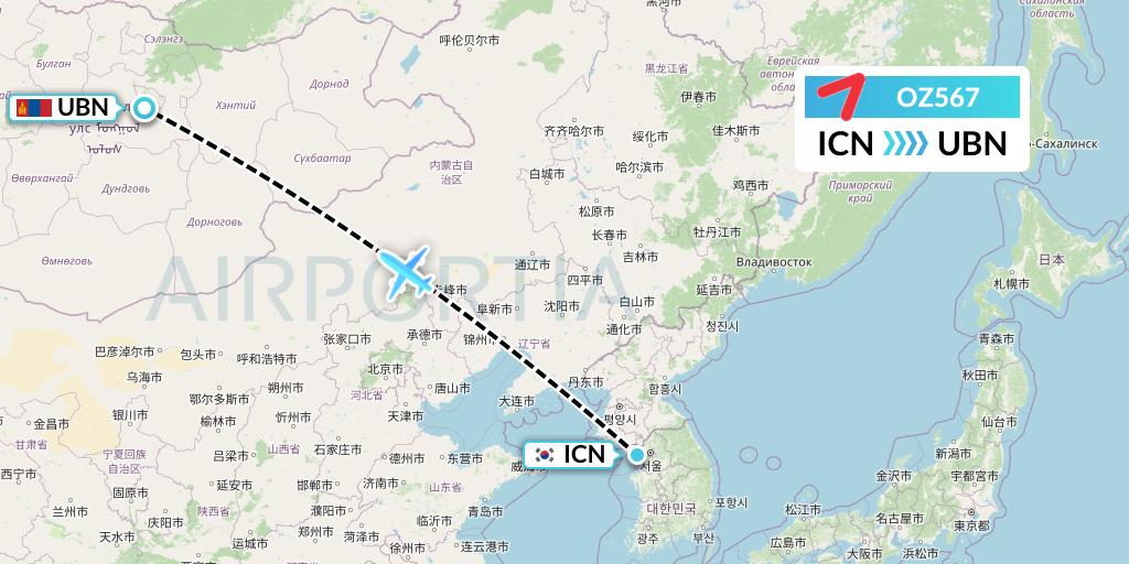 OZ567 Asiana Airlines Flight Map: Seoul to Ulan Bator