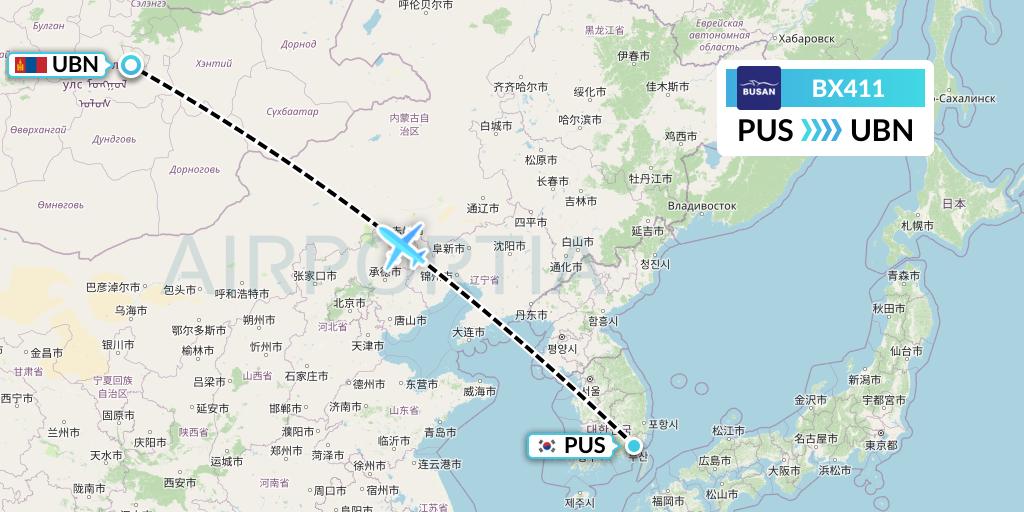 BX411 Air Busan Flight Map: Busan to Ulan Bator