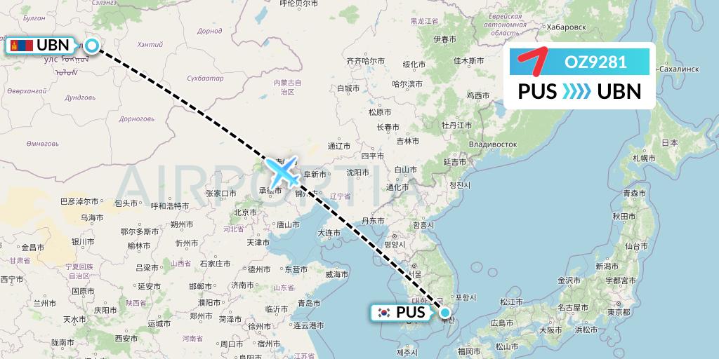 OZ9281 Asiana Airlines Flight Map: Busan to Ulan Bator