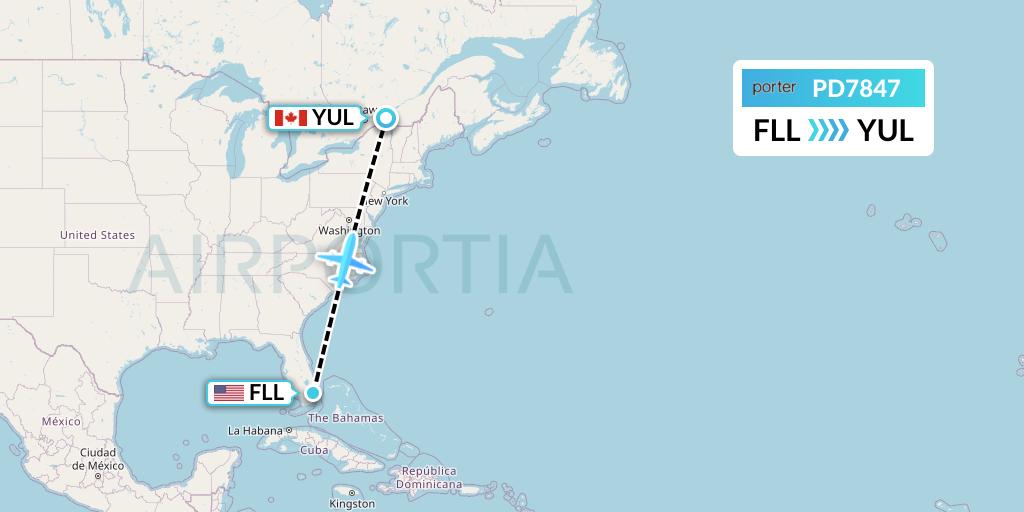 PD7847 Porter Airlines Flight Map: Fort Lauderdale to Montreal