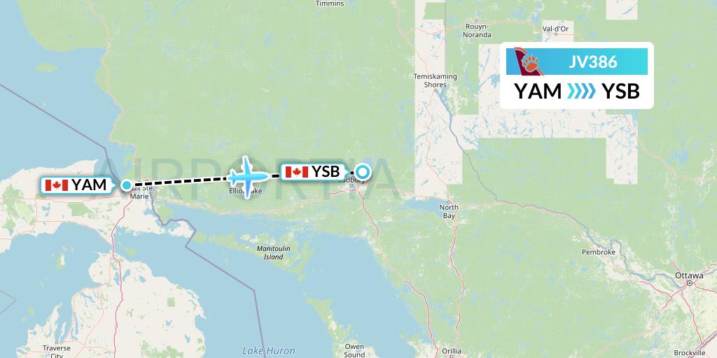 JV386 Bearskin Airlines Flight Map: Sault Ste. Marie to Sudbury