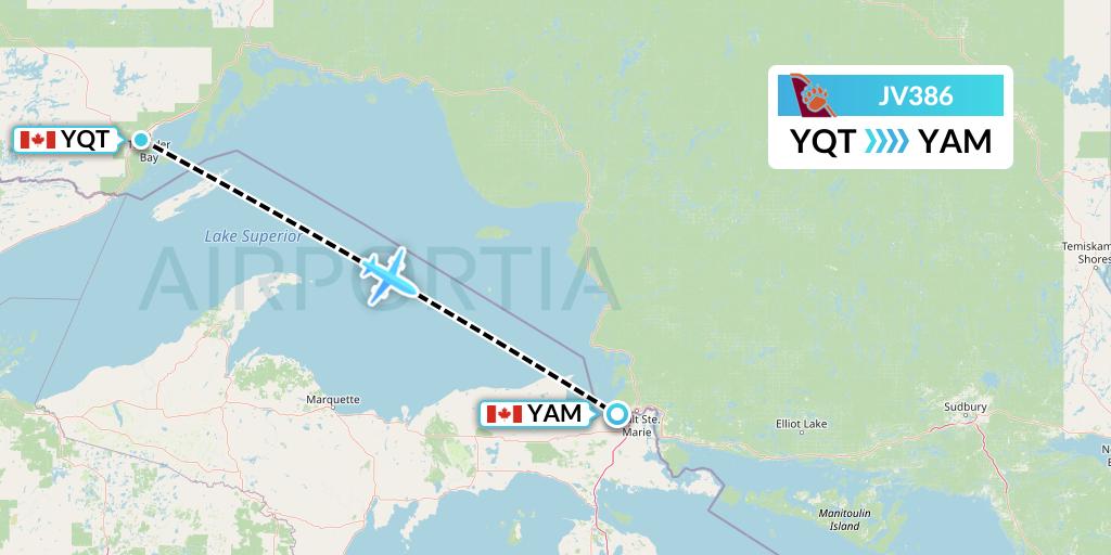 JV386 Bearskin Airlines Flight Map: Thunder Bay to Sault Ste. Marie