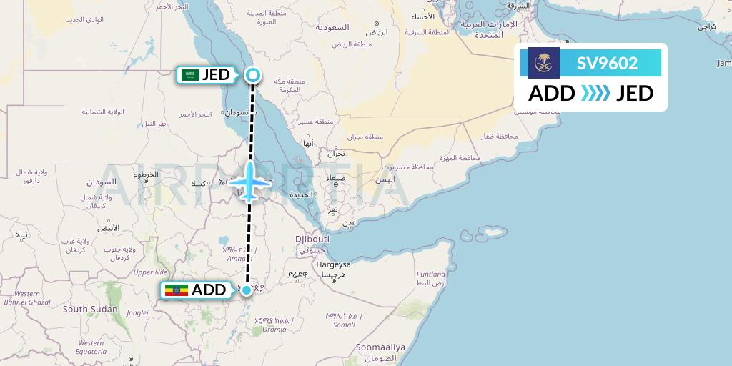 SV9602 Saudi Arabian Airlines Flight Map: Addis Ababa to Jeddah
