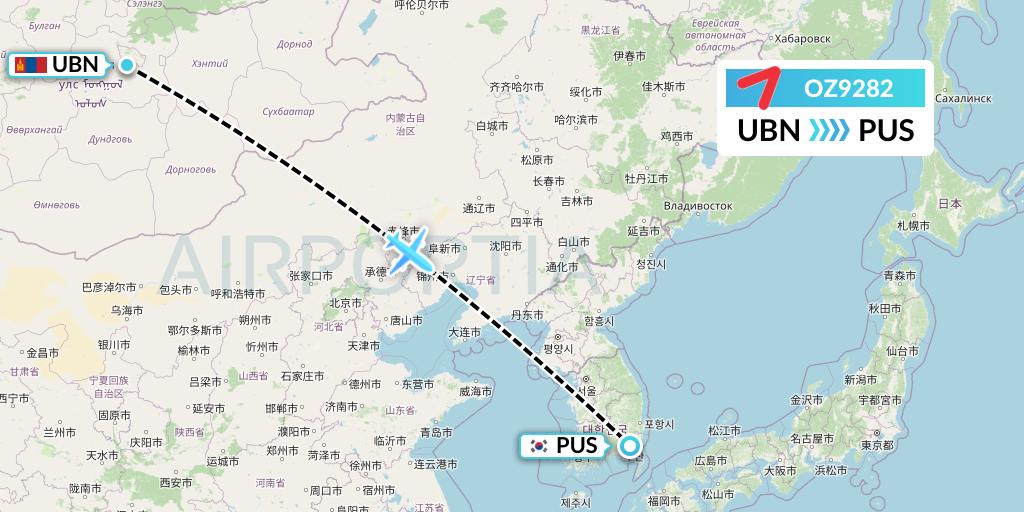OZ9282 Asiana Airlines Flight Map: Ulan Bator to Busan