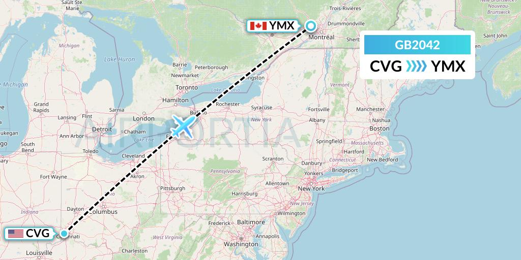 GB2042 ABX Air Flight Map: Cincinnati to Montreal