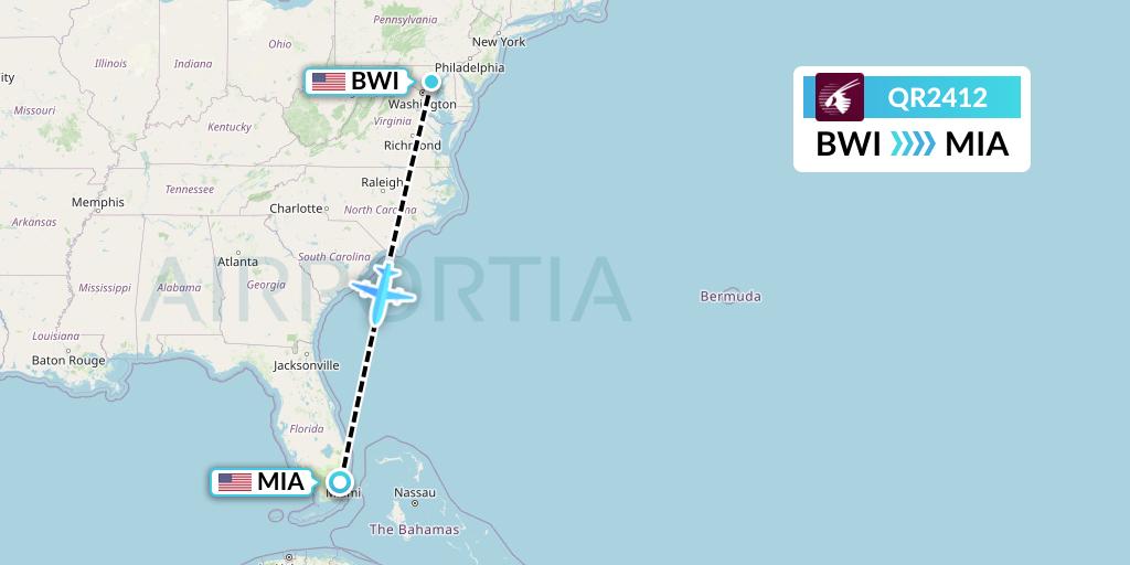QR2412 Qatar Airways Flight Map: Baltimore to Miami