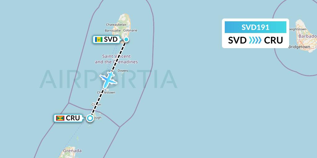 SVD191 Svg Air Flight Map: Kingstown to Carriacou Island