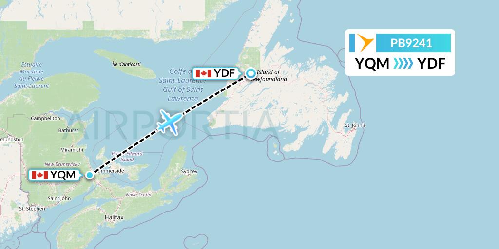 PB9241 PAL Airlines Flight Map: Moncton to Deer Lake