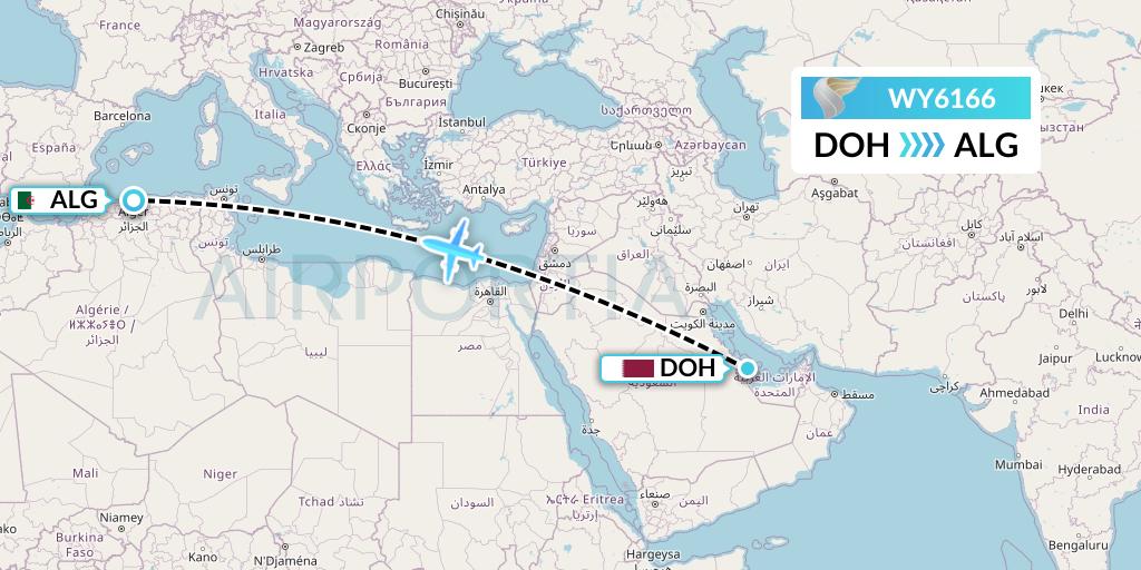 WY6166 Oman Air Flight Map: Doha to Algiers