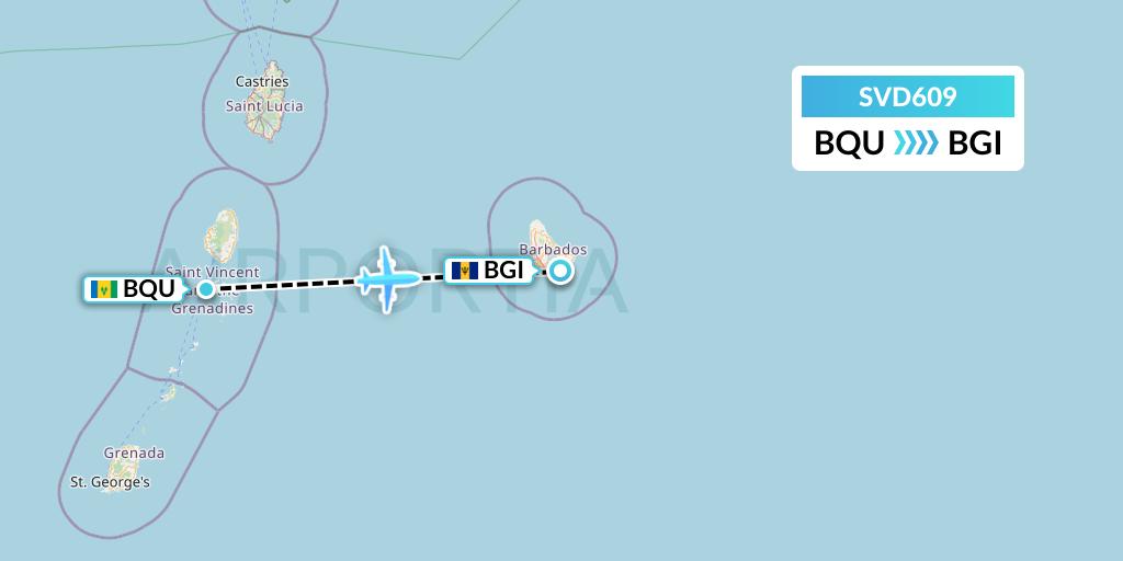 SVD609 Svg Air Flight Map: Bequia to Bridgetown