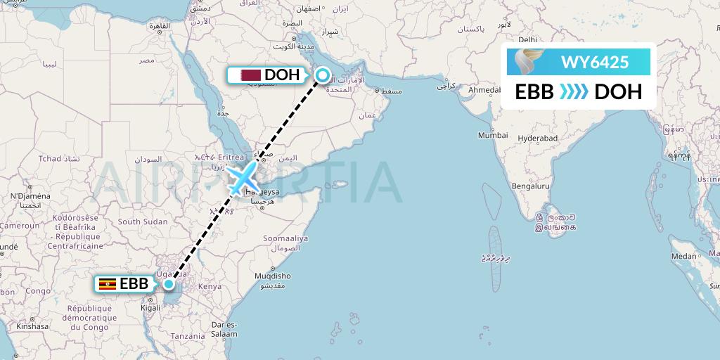 WY6425 Oman Air Flight Map: Entebbe to Doha