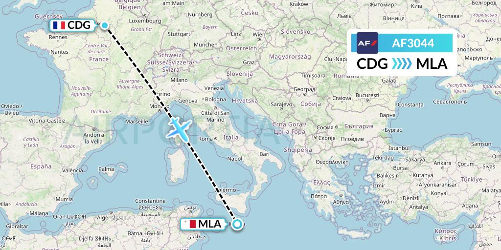 AF3044 Air France Flight Map: Paris to Malta