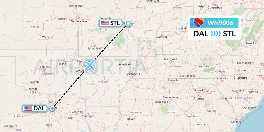 WN9006 Southwest Airlines Flight Map: Dallas to St. Louis