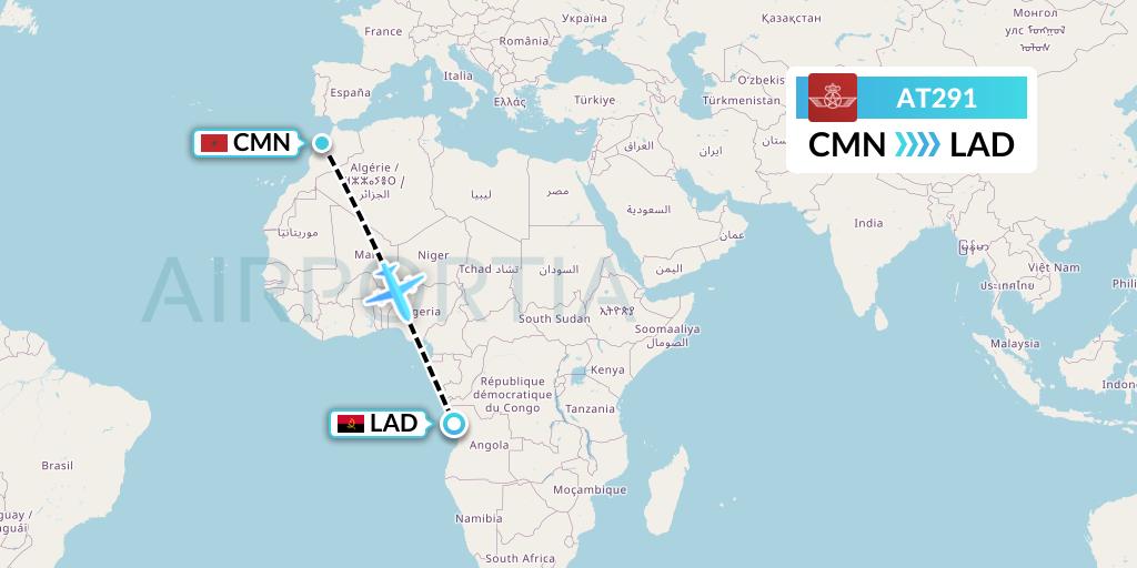 AT291 Royal Air Maroc Flight Map: Casablanca to Luanda