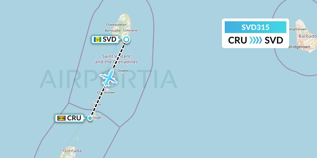 SVD315 Svg Air Flight Map: Carriacou Island to Kingstown