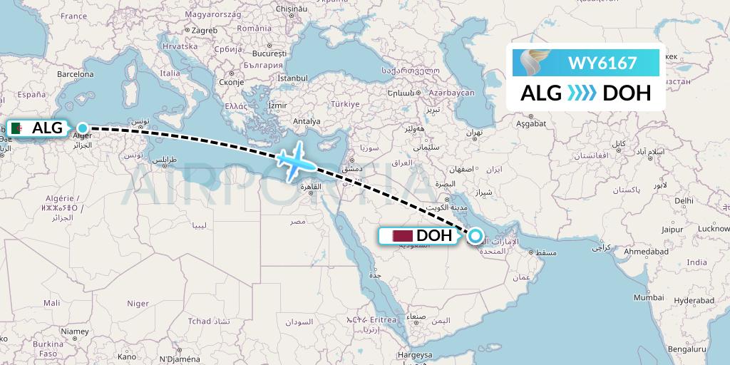 WY6167 Oman Air Flight Map: Algiers to Doha