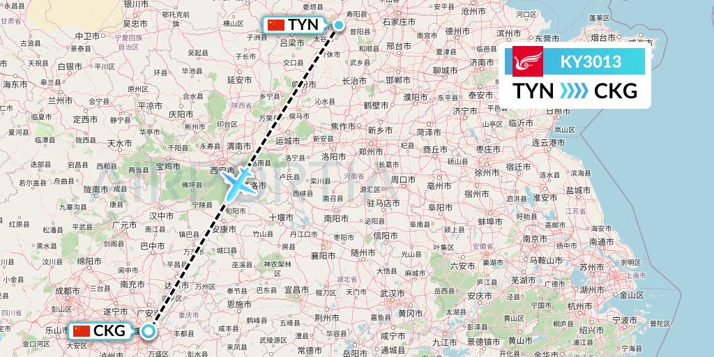 KY3013 Kunming Airlines Flight Map: Taiyuan to Chongqing